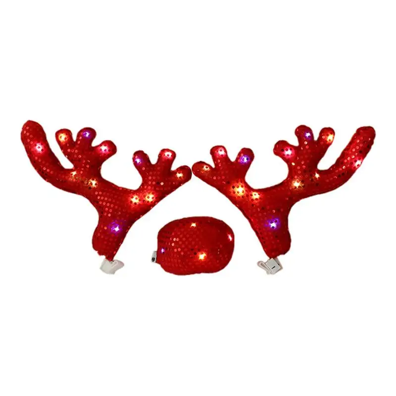 Car Reindeer Antlers And Nose LED Light Up Car Decorations Holiday Automotive Decor Car Costume Accessories For Trucks Cars