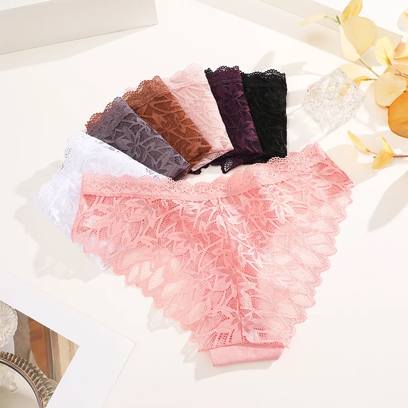 4PCS/Set Briefs Lace Panties Women's Lingerie Sexy Female Underpants Floral Lace Perspective Waist Band Briefs Panty Lingerie
