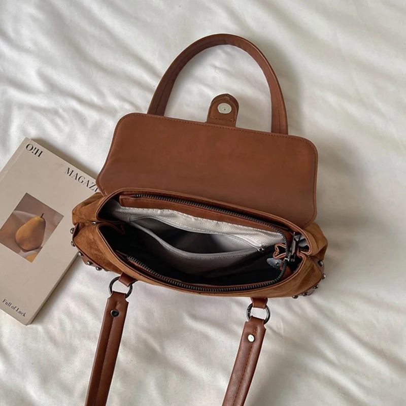 Vintage Rivet Baguette Shoulder Bag 2026 Women Suede PU Leather Buckle Decor Underarm Handbag Retro Y2K Casual Daily Purse
