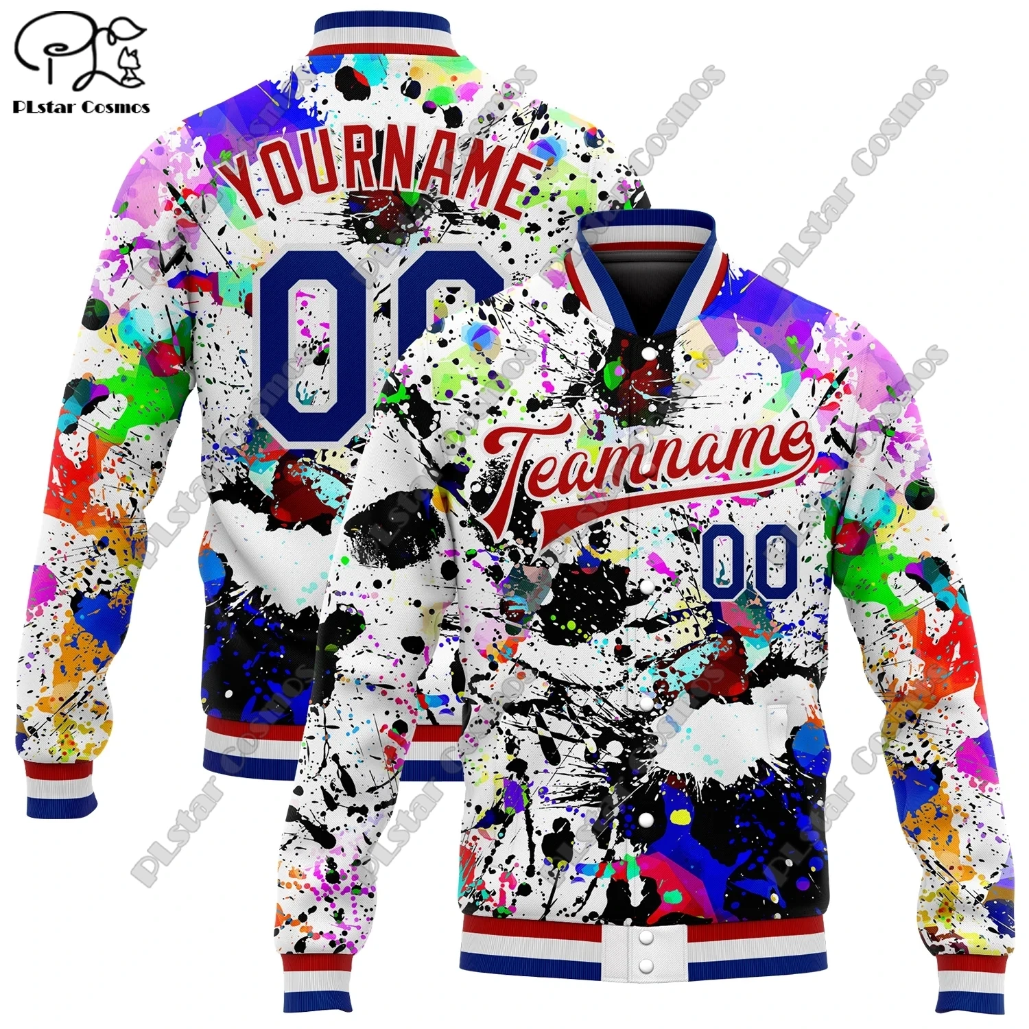 

Custom Colorful Graffiti Puzzle Pattern Pink and White Lettering 3D Design Bomber Full Snap Jacket Unisex Team Gift