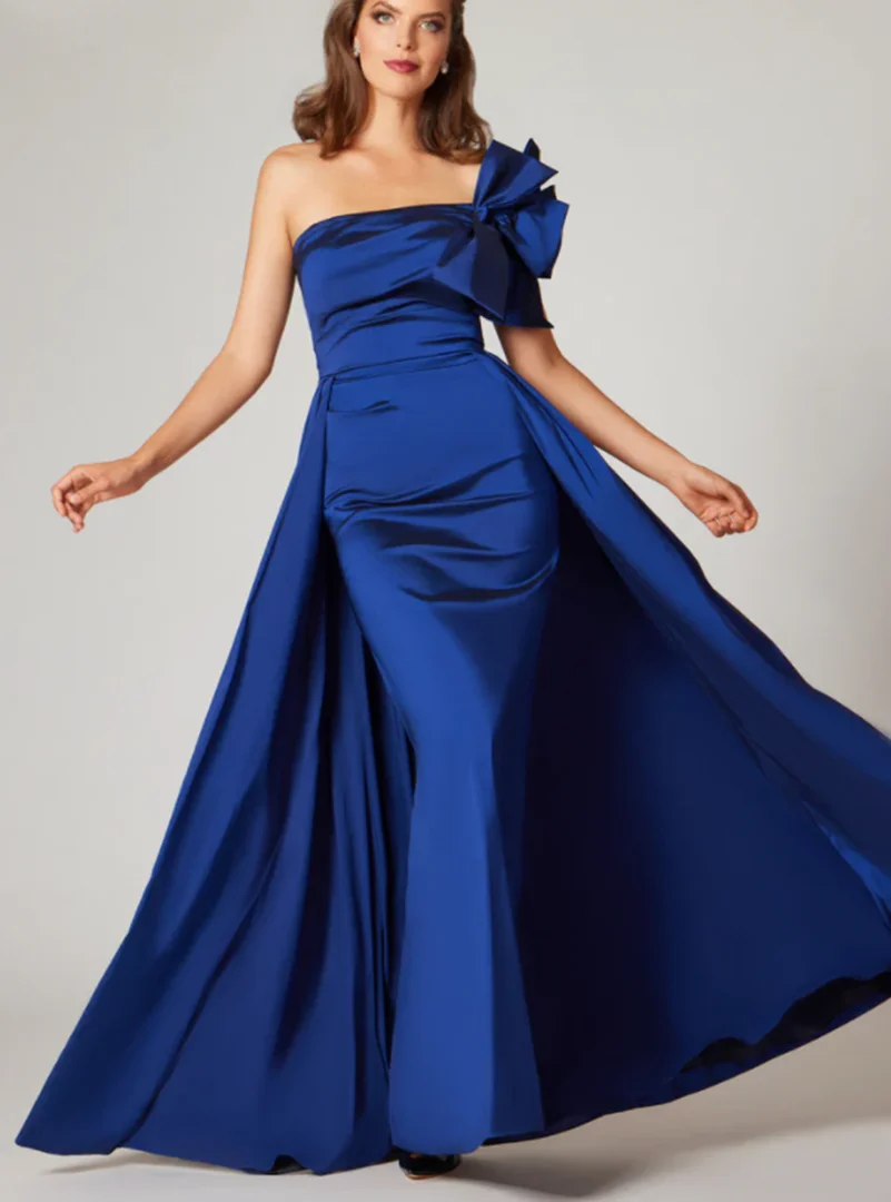 Chic Long Royal Blue Mother of the Brides Dresses With Bow Mermaid Taffeta One Shoulder Floor Length Godmother Dress for Women