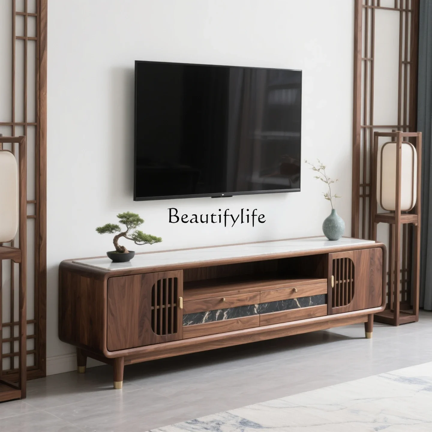 

LJYNew Chinese walnut home living room solid wood rock panel TV cabinet simple and modern