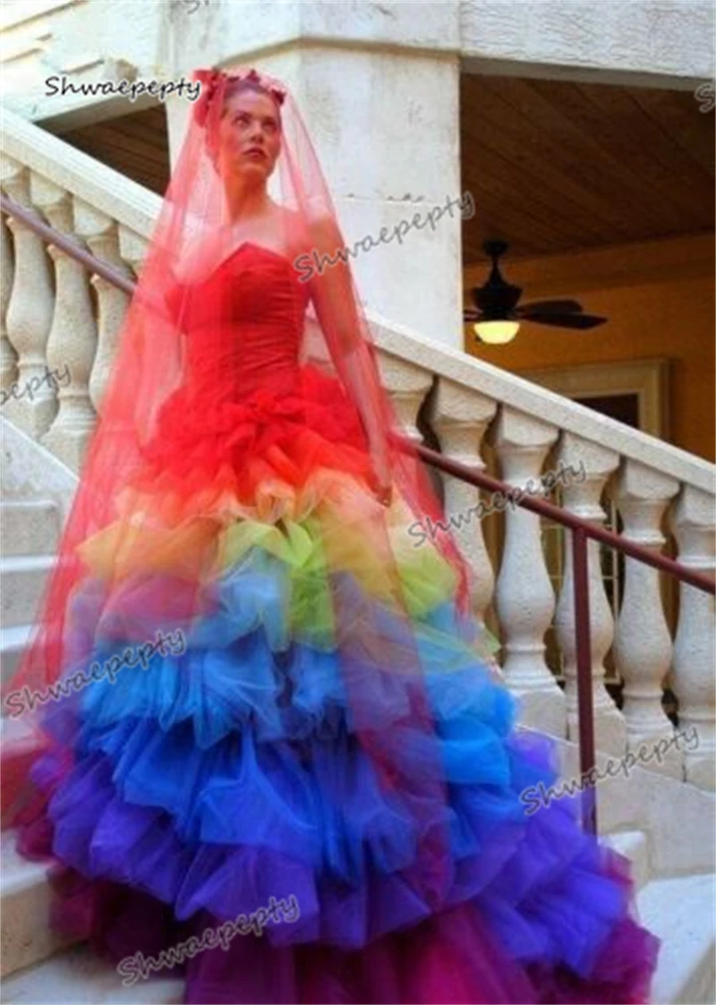 Rainbow Organza Wedding Dress With red Veil Tiered Strapless Sweetheart Stylish Colorful A Line Gothic Bridal Gowns Customized