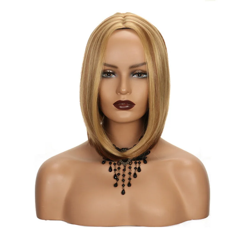 New European and American style middle-parted bobo women's short straight hair , slightly wavy, heat-resistant synthetic wig,
