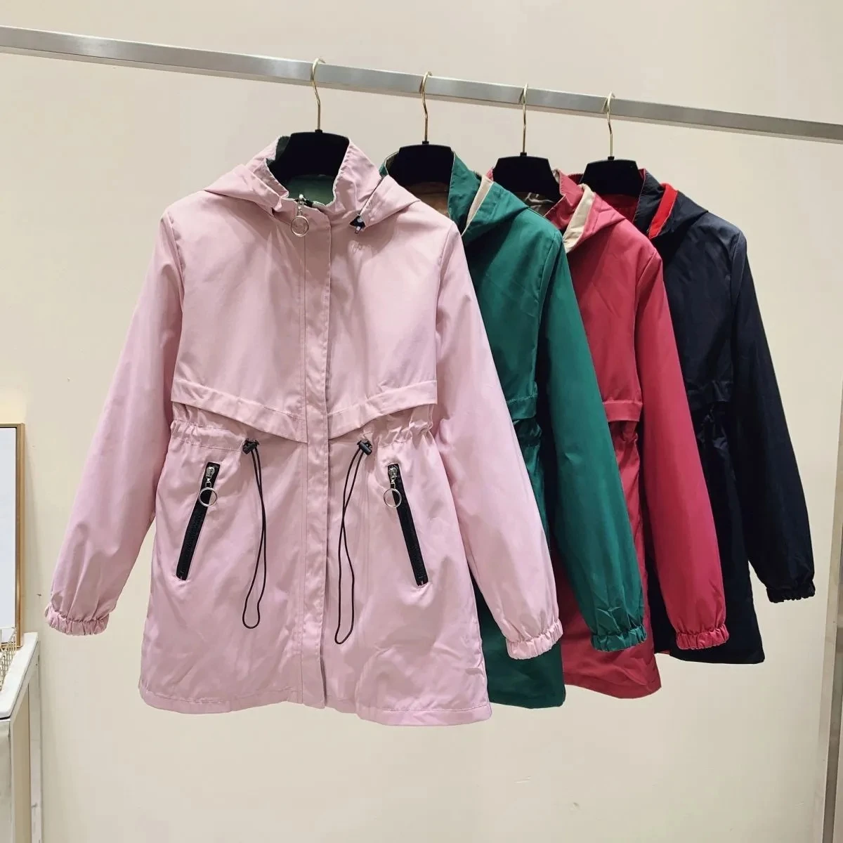 

2023 New Female Windbreakers Spring Autumn Large size Trench Coats Women Casual Loose Hooded Jacket Reversible Wild Simple Coat