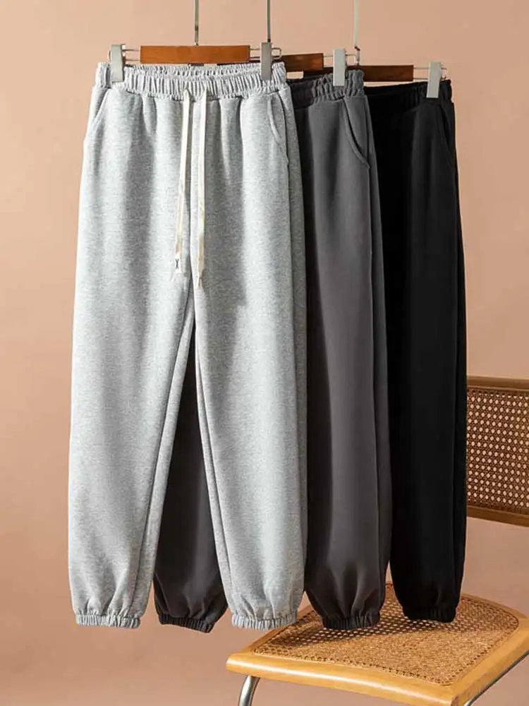 Koreańskie spodnie dresowe na jesień, casualowe, duży rozmiar, elastyczna talia, ocieplane, sportowe, luźne, uniwersalne, z mankietami, jednolite kolorystycznie...