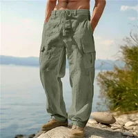 Pantalones informales para hombre, pantalones cargo holgados y cómodos, pantalones rectos con múltiples bolsillos de lino y algodón para hombre, pantalones finos de playa para hombre