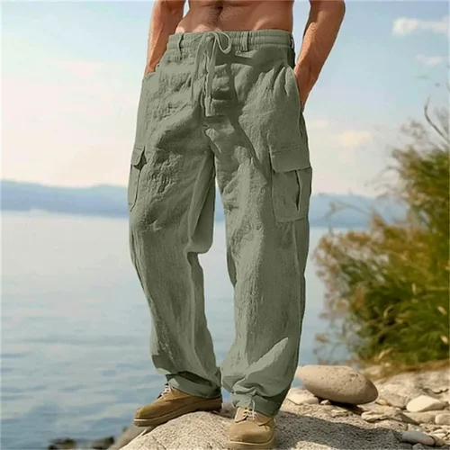 Imagen 1 del producto Pantalones informales para hombre, pantalones cargo holgados y cómodos, pantalones rectos con múltiples bolsillos de lino y algodón para hombre, pantalones finos de playa para hombre