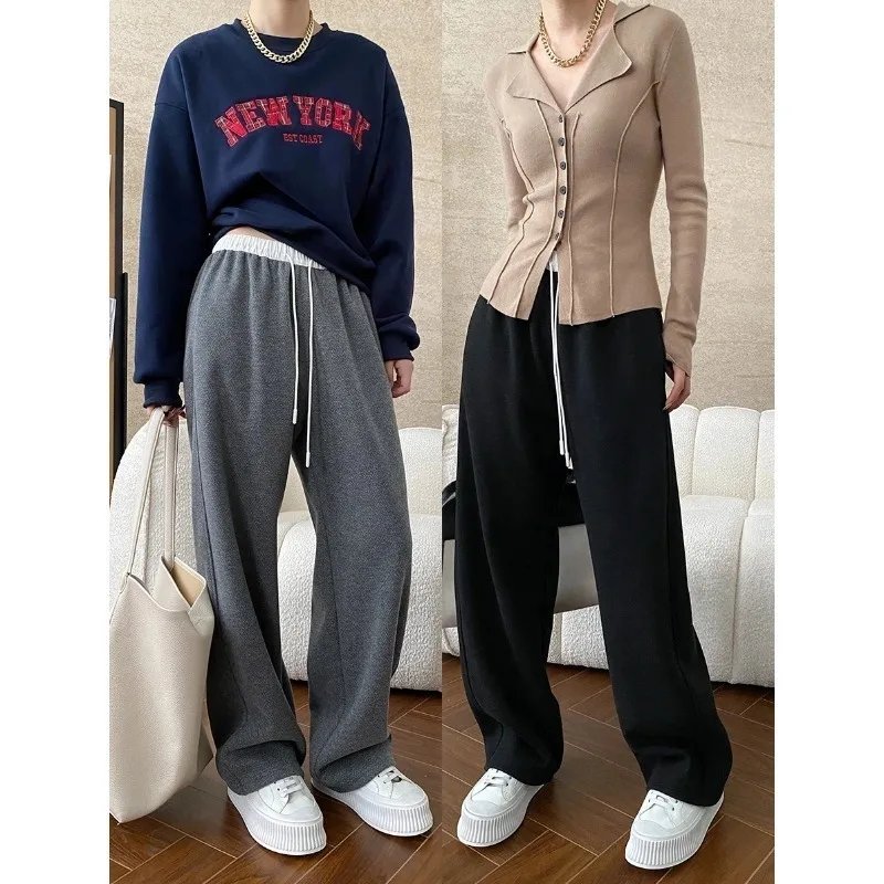 Winter Drawstring Plush Thick Wide Leg Pants Women Elastic Contrast Color Splicing High Waist Casual Trousers