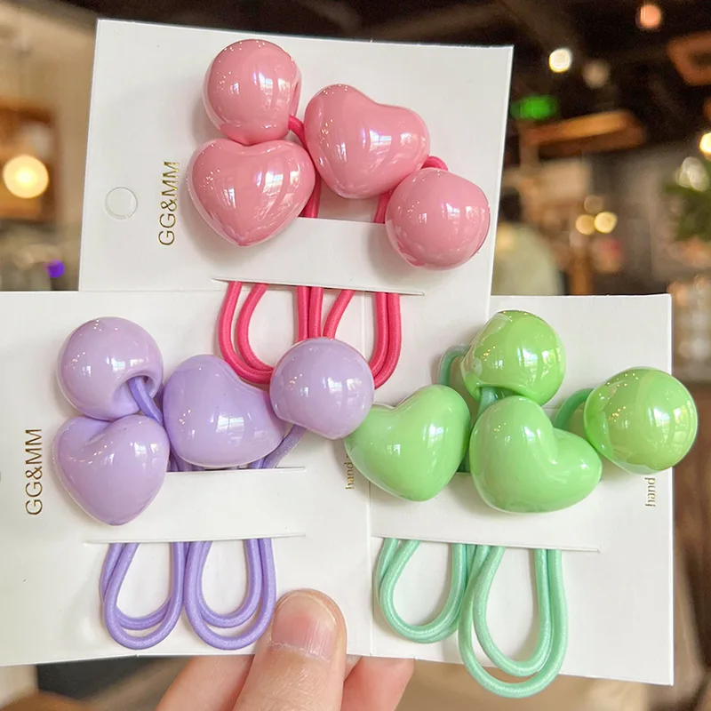 Juego de bandas elásticas para el cabello para niña, accesorios para el cabello hechos a mano, diadema de dibujos animados de corazón acrílico, banda de goma, 2 unidades por lote