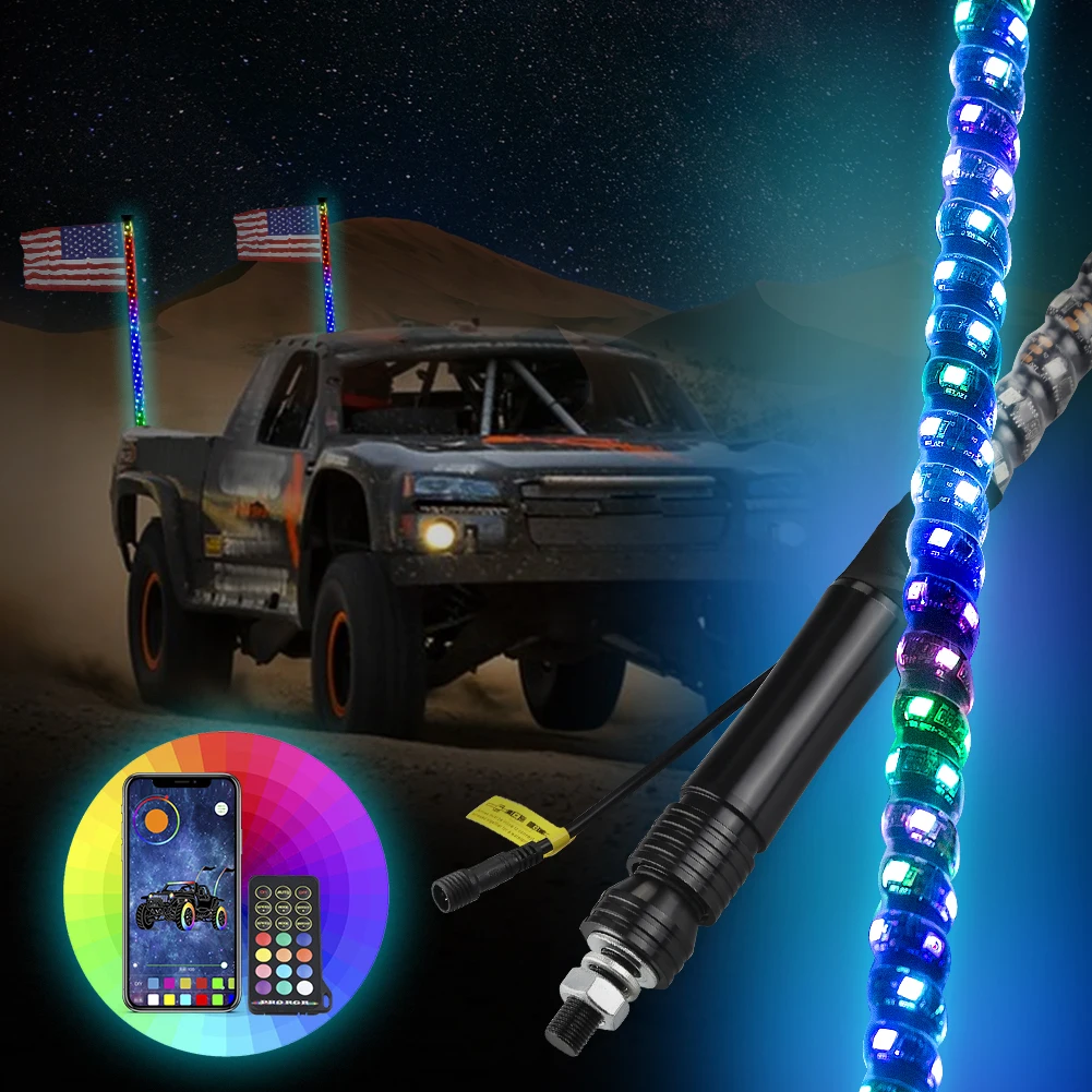 2PCS 3FT RGB LED Whip Lights Length Multicolor Flagpole Decorative Lamps For UTV ATV Remote Control Flagpole Antenna Whips