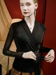 S-3XL magliette incrociate con scollo a V da donna maglietta elasticizzata a maniche lunghe in rete lucida maglietta femminile ad alta elasticità