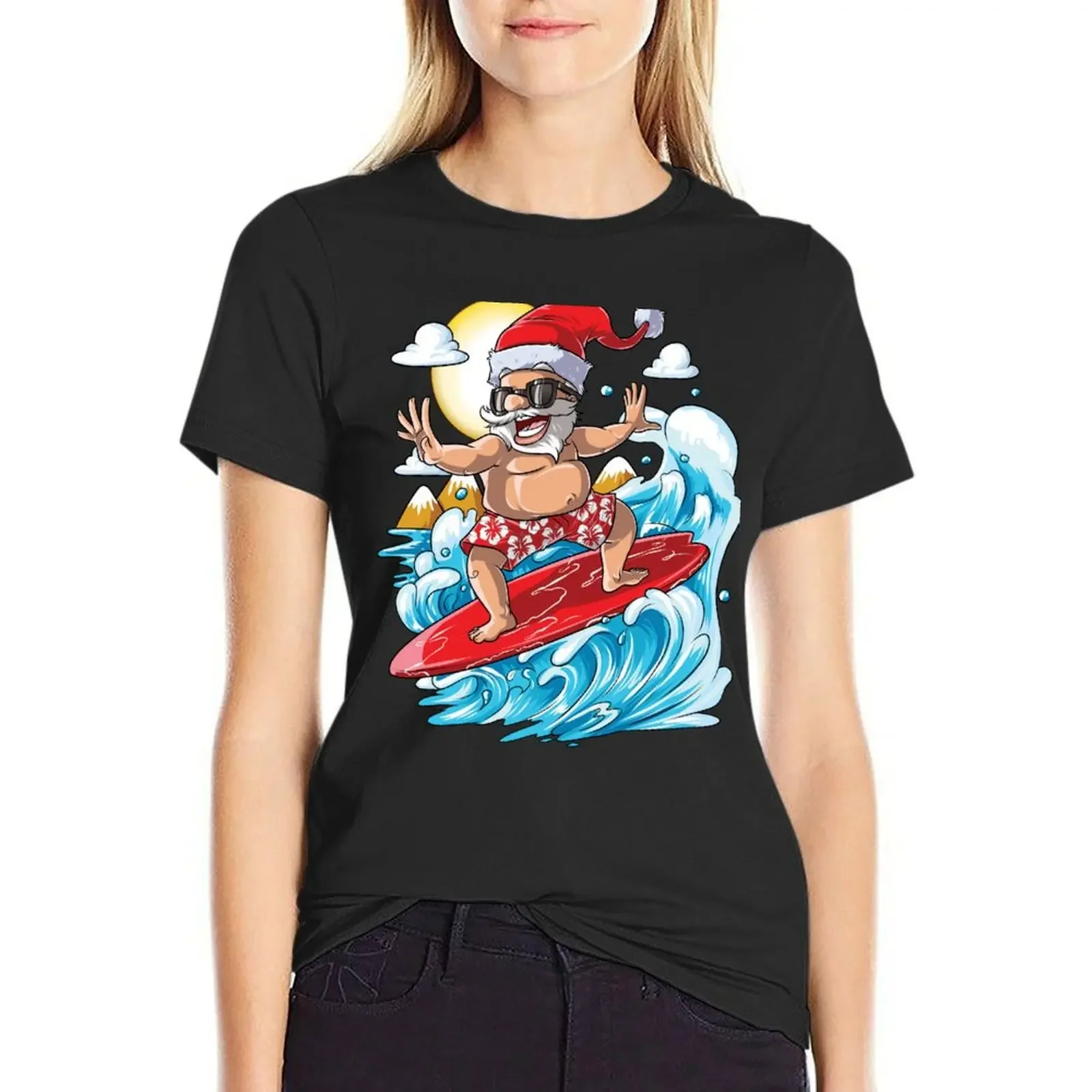 

Santa Hawaiian Surfing T Shirt Christmas Summer Surf Hawaii T-Shirt Female clothing oversized summer tops womans clothing