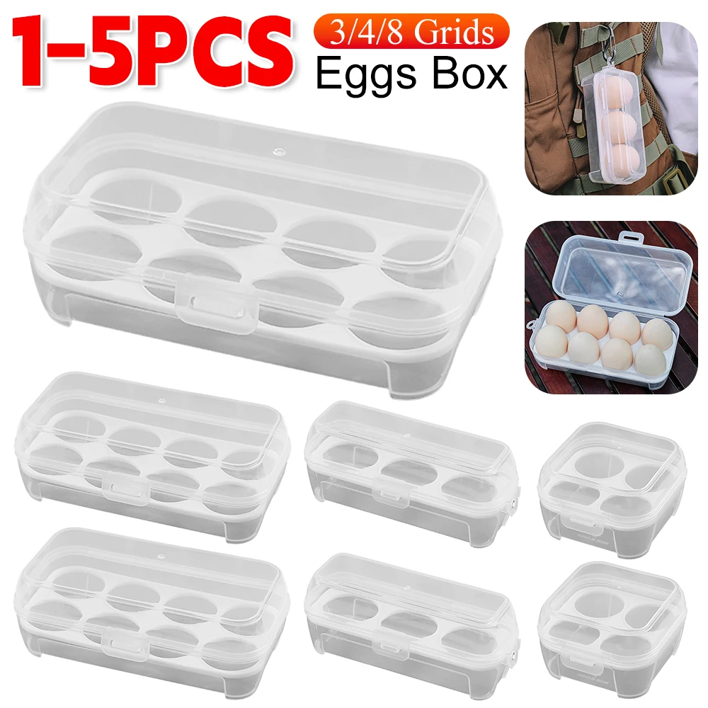 

3/4/8 Grids Eggs Box with Lid Portable Egg Holder Container Outdoor Camping Picnic Egg Storage Box Transparent Kitchen Organizer