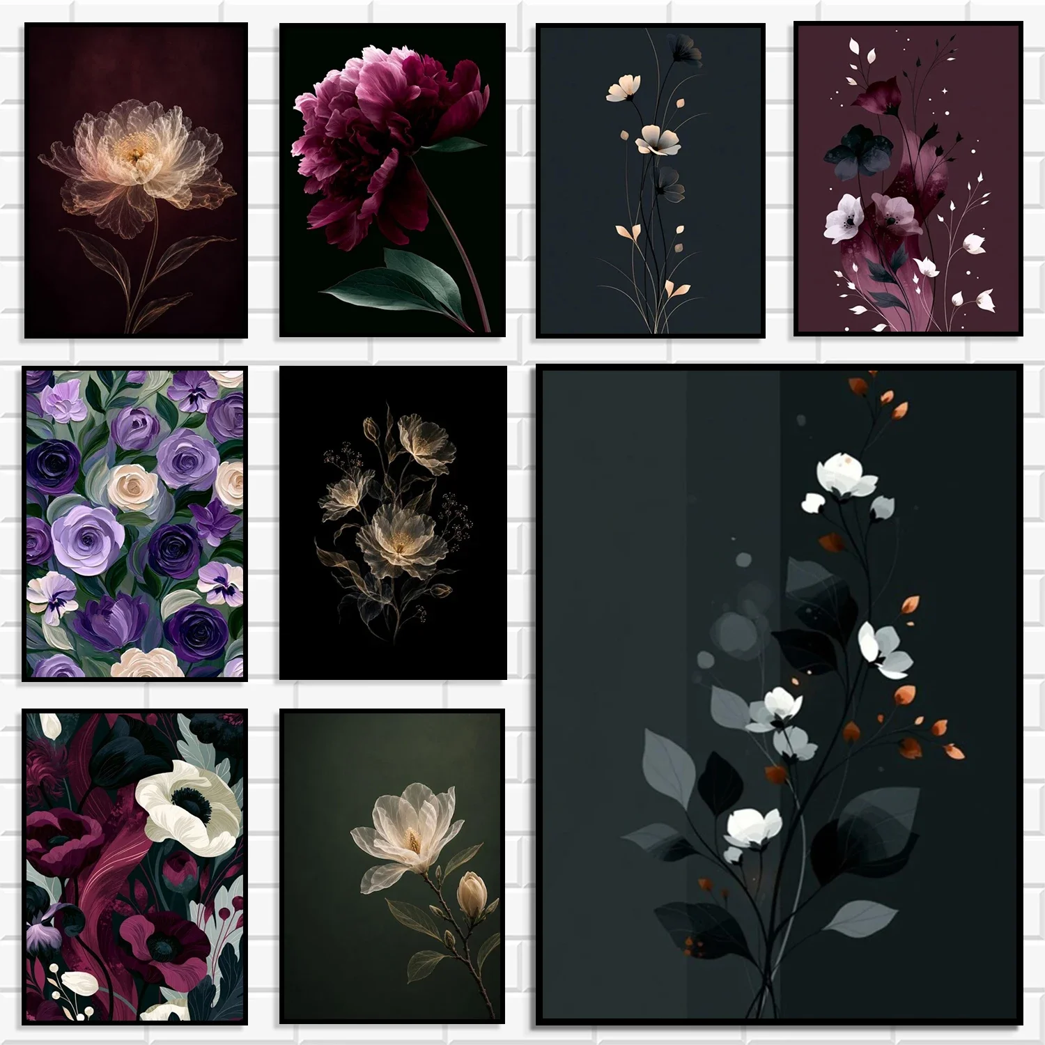 Moody Dark Floral Botanical Wall Art Prints Burgundy Peony Rose Canvas Posters Vintage Dark Tone Flower Wall Pictures Home De