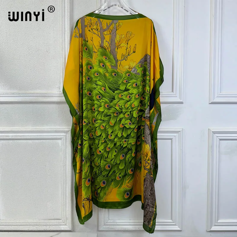 WINYI maxi summer dresses sexy african women dress Peacock print beach wear evening dress Femme kaftan Muslim beach cover ups