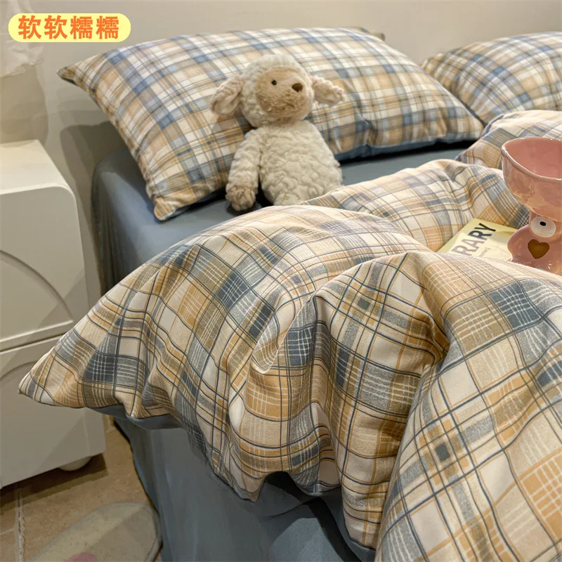 

High-quality Washed Cotton Non-pilling Mattress Simple Plaid Printing Quilt Cover Single Student Dormitory Bed 4-piece Set