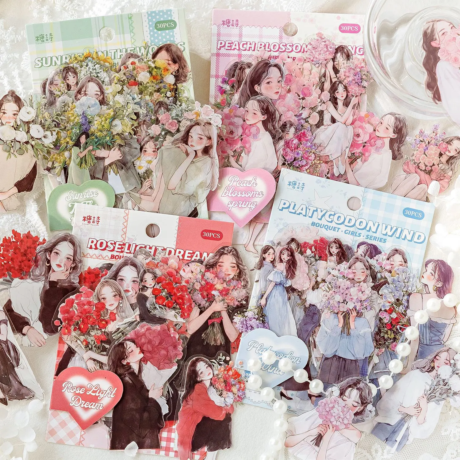 30pcs/1lot Kawaii Scrapbook Stickers bouquet girl Junk Journal Gold Planner Stationery Sticker Planner Decorative