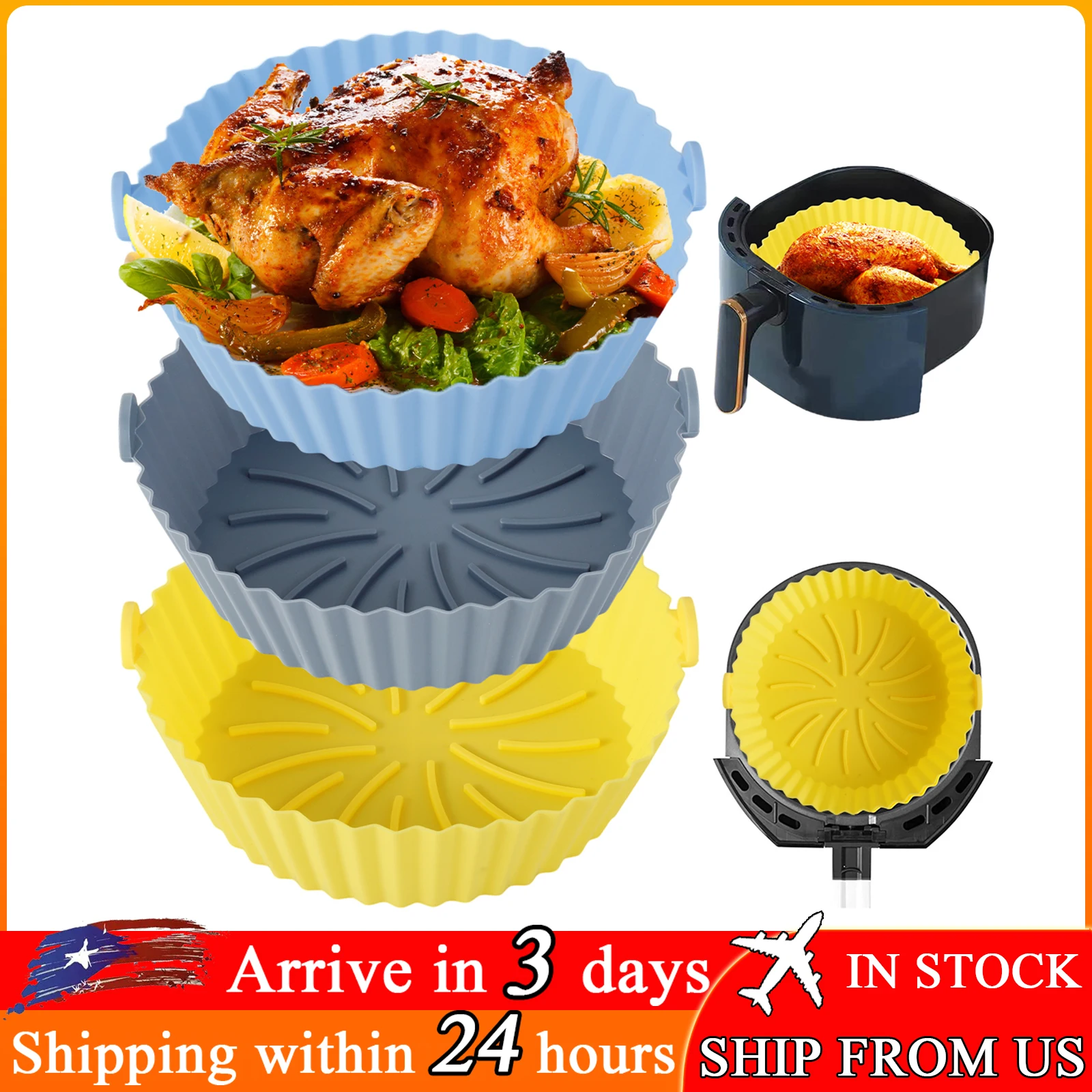 

3Pack Reusable Air Fryer Silicone Pot Oven Baking Tray Airfryer Silicone Basket Pizza Fried Chicken Grill Pan Mat for Kitchen