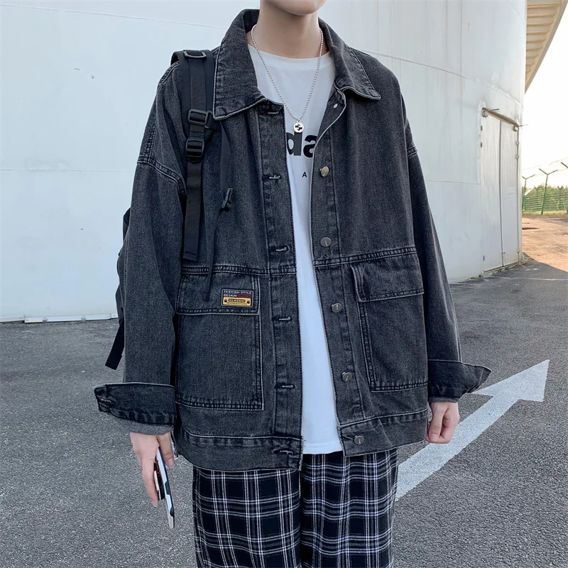 spring new Hong Kong style men's denim jacket all-match trend coat fashion casual coat loose large size coat