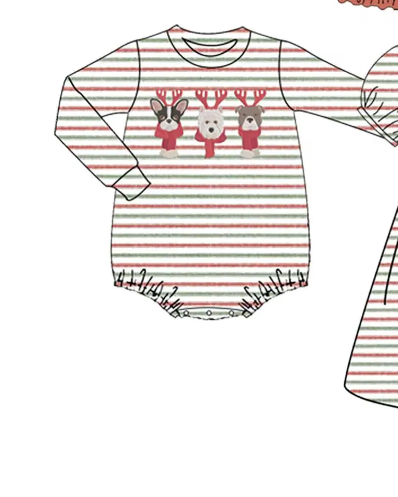 Boutique Toddler Girls Red Green Striped Dress Kids Christmas Reindeer Dog Print Outfit Top Shorts Sets Baby Romper