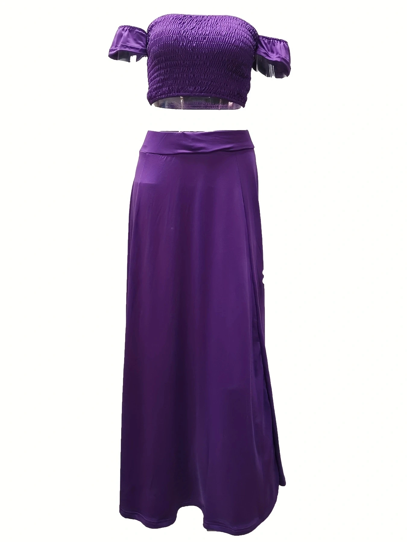 Böhmisches Zweiteiler-Set für Damen: Schulterfreies, elastisches, einfarbiges Top mit Federdruck und hochtailliertem Rock mit Schlitz. – Detail 36