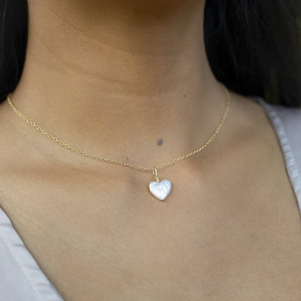 

Necklace 14K Gold Filled Handmade Choker Freshwater Pearl Heart Charm Boho Collars Jewelry for Women Party Birthday Daily Gift