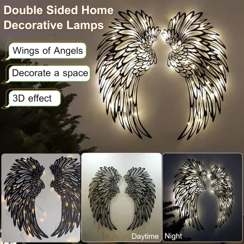 1 Pair Angel Wings with LED Lights Metal Crafts Wall Art Decor Wall Hanging Decoration Wall Sculpture Black Angel Wings Decor