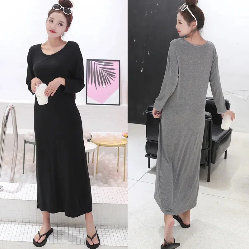 2211-10Korean women's modal long skirt, long sleeves, long loose dress, plus size pajamas