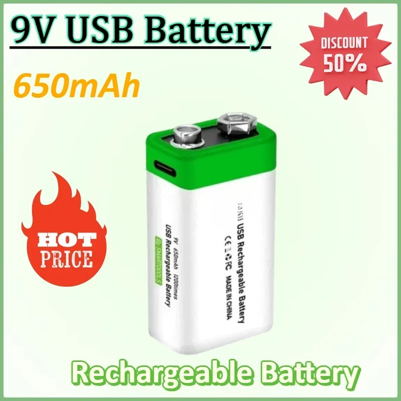 

9V 650mAh USB Rechargeable Battery-Lithium-Ion Type-C Charging for Multi Meter, Square Toy Remote Control Walkie Talkie Battery