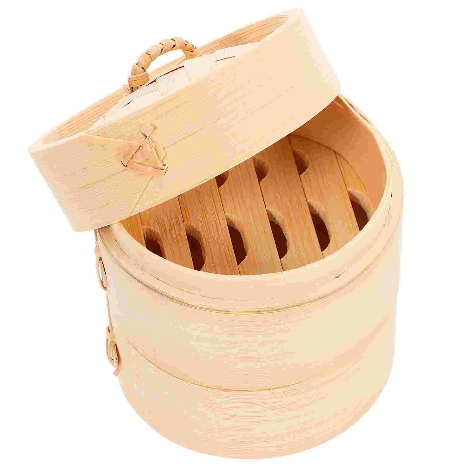 3PCS Bamboo Basket 10cm Round 2 Tier Lid Multi Functional Food Steamer Kitchen Steamer Non Sticky Healthy Diet