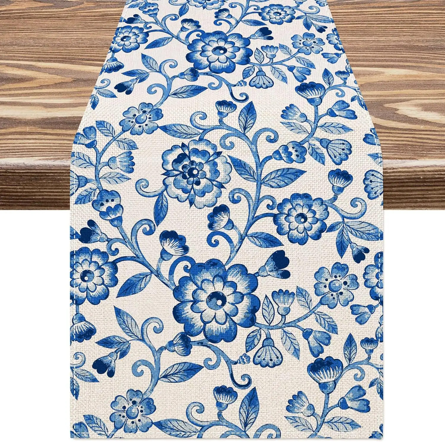 Vintage White Blue Flowers Linen Table Runners Dresser Scarf Table Decor Farmhouse Holiday Home Party Wedding Dining Table Decor