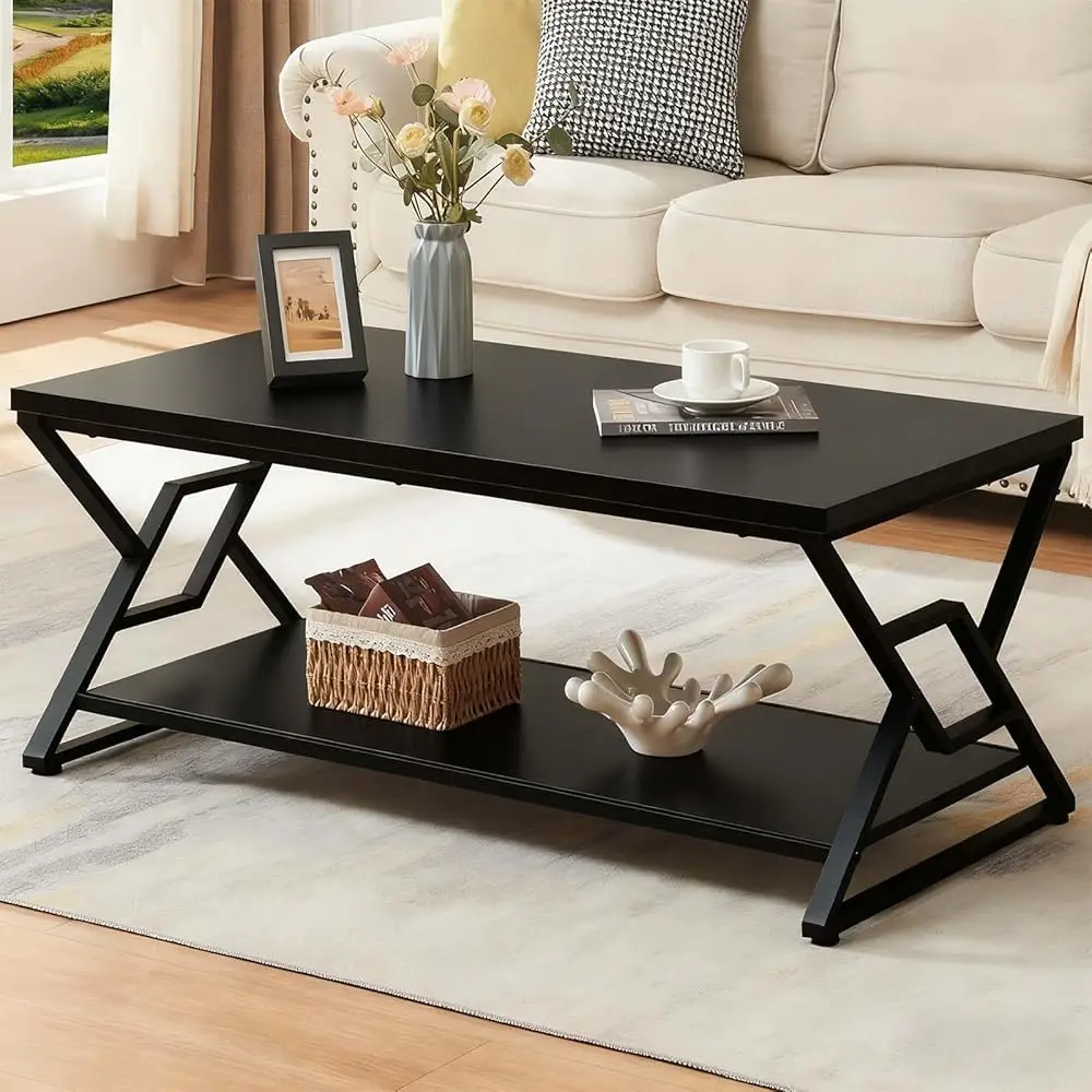 

Журнальный столик, прямоугольный журнальный столик в деревенском стиле с 2-уровневым хранилищем, центральный столик из инженерной древесины с открытыми полками, минималистичный дизайн