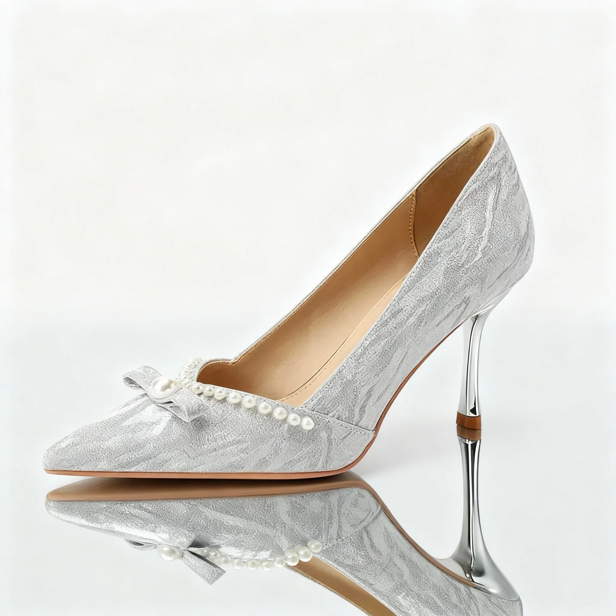 

Bloomsteps comfortable and sexy pointed-toe stiletto heels, V-shaped opening, slimming pearl bow shoes, evening shoes that can b