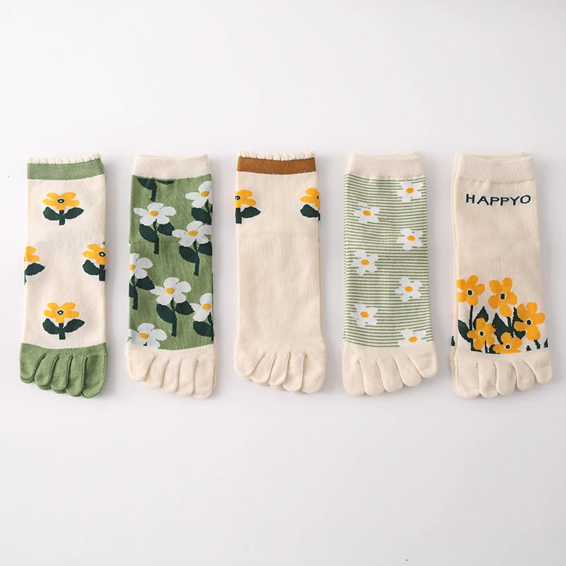 Five-finger Socks Cotton Socks Four Seasons Green Toe-split Breathable Girl Socks Pack