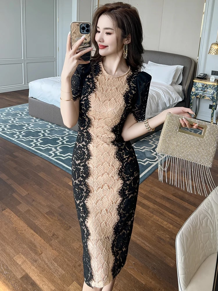 French Elegant Lace Panel Contrast Midi Dress for Women Celebrtity Bubble Sleeve Slim Robe Femme Party Banquet Vestidos Mujer