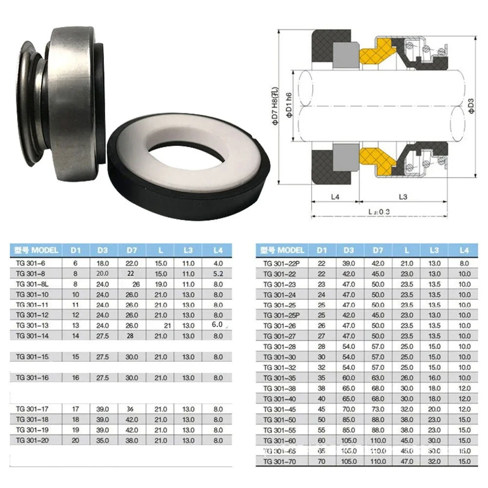 Industrial Grade Mechanical Seal 301 Series Single Spring Design Compatible with 6-70mm Pump Shaft For Water Circulation Systems