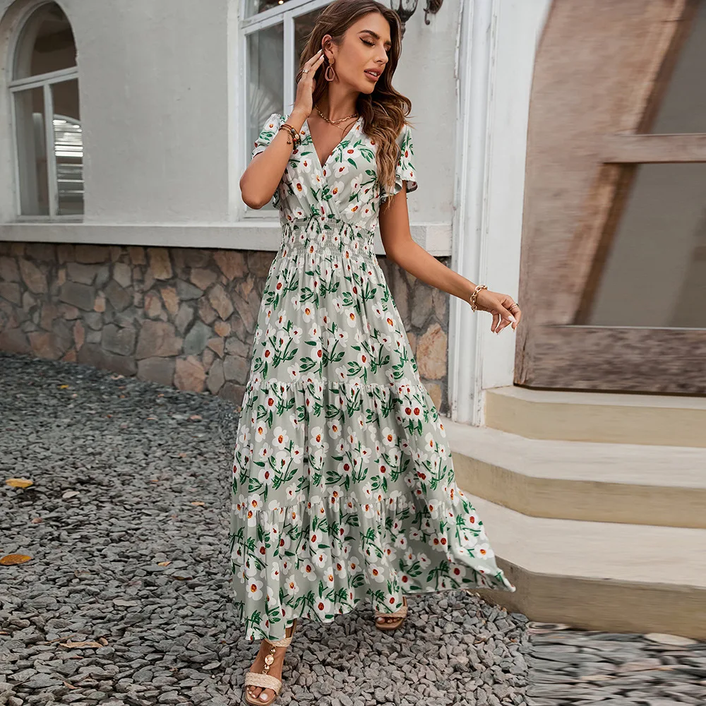 

Bohemian Print Women's Dress 2025 Summer New V-Neck Short Sleeve Elegant Slimming Waist-fitted Long Dress Beach Holiday Dress