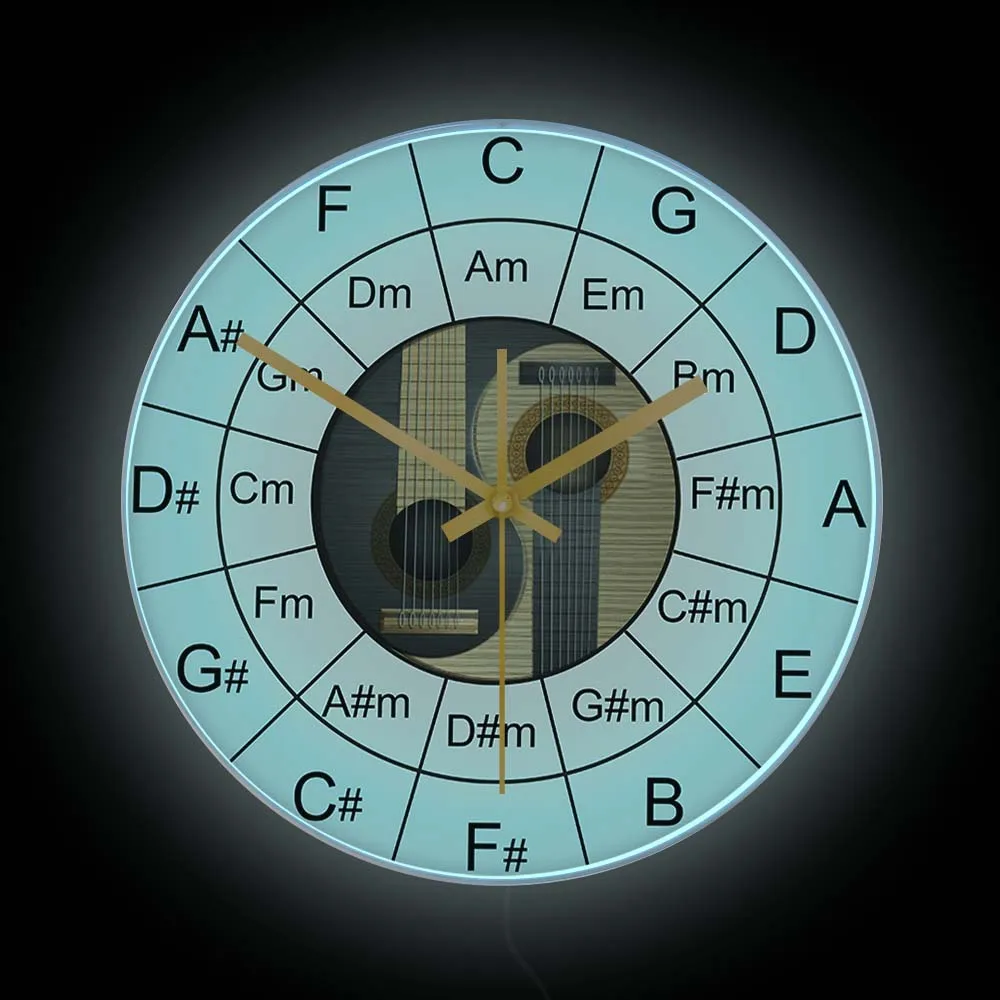 

Guitar Chords Yin Yang Luminous Wall Clock For Music Studio Acoustic Bass Guitar Circle of Fifths Chart LED Illuminated Clock