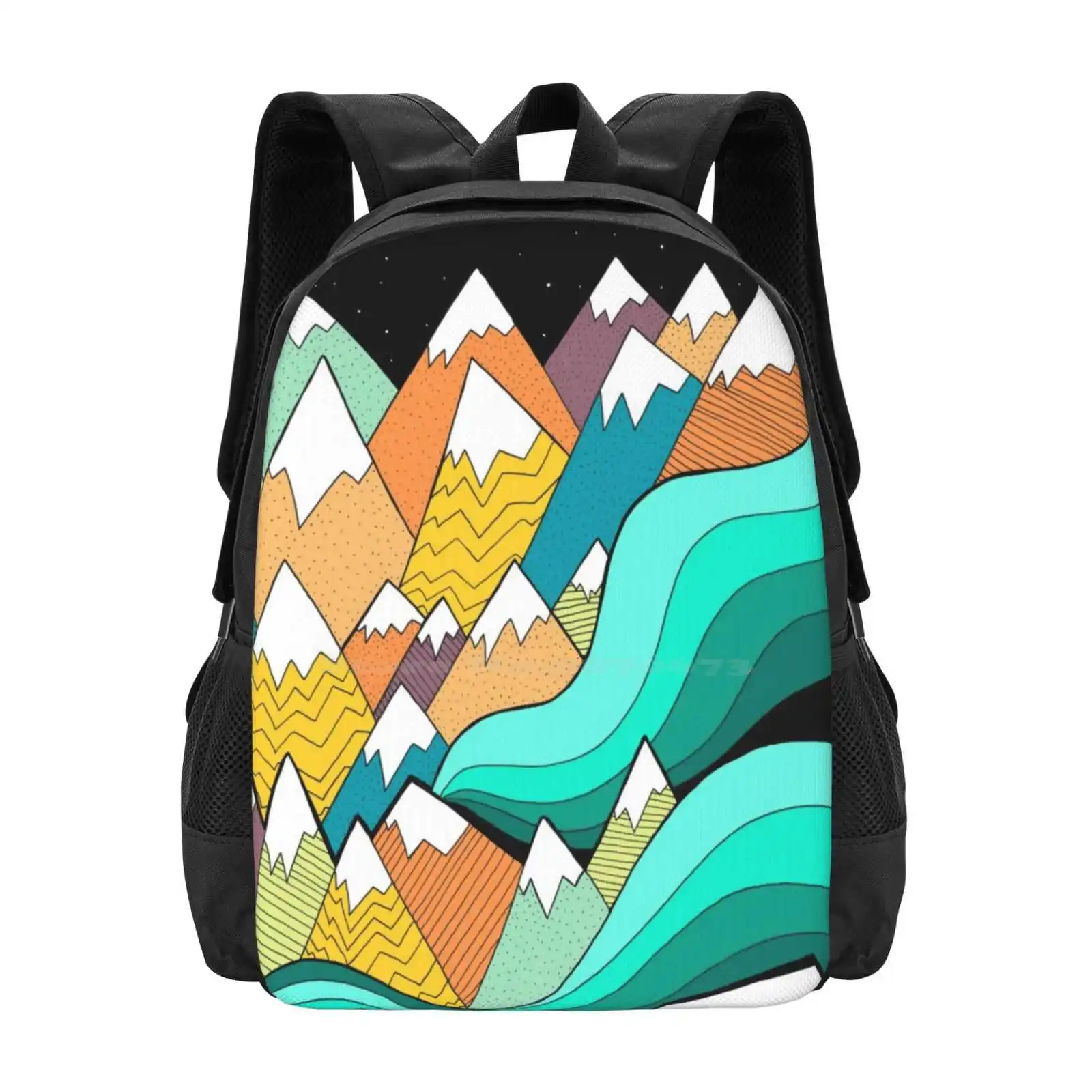 Waves Of The Mountains Pattern Design Bagpack School Bags Mountain Sketch Hand Drawn Landscape Design Lines Dots Nature Abstract