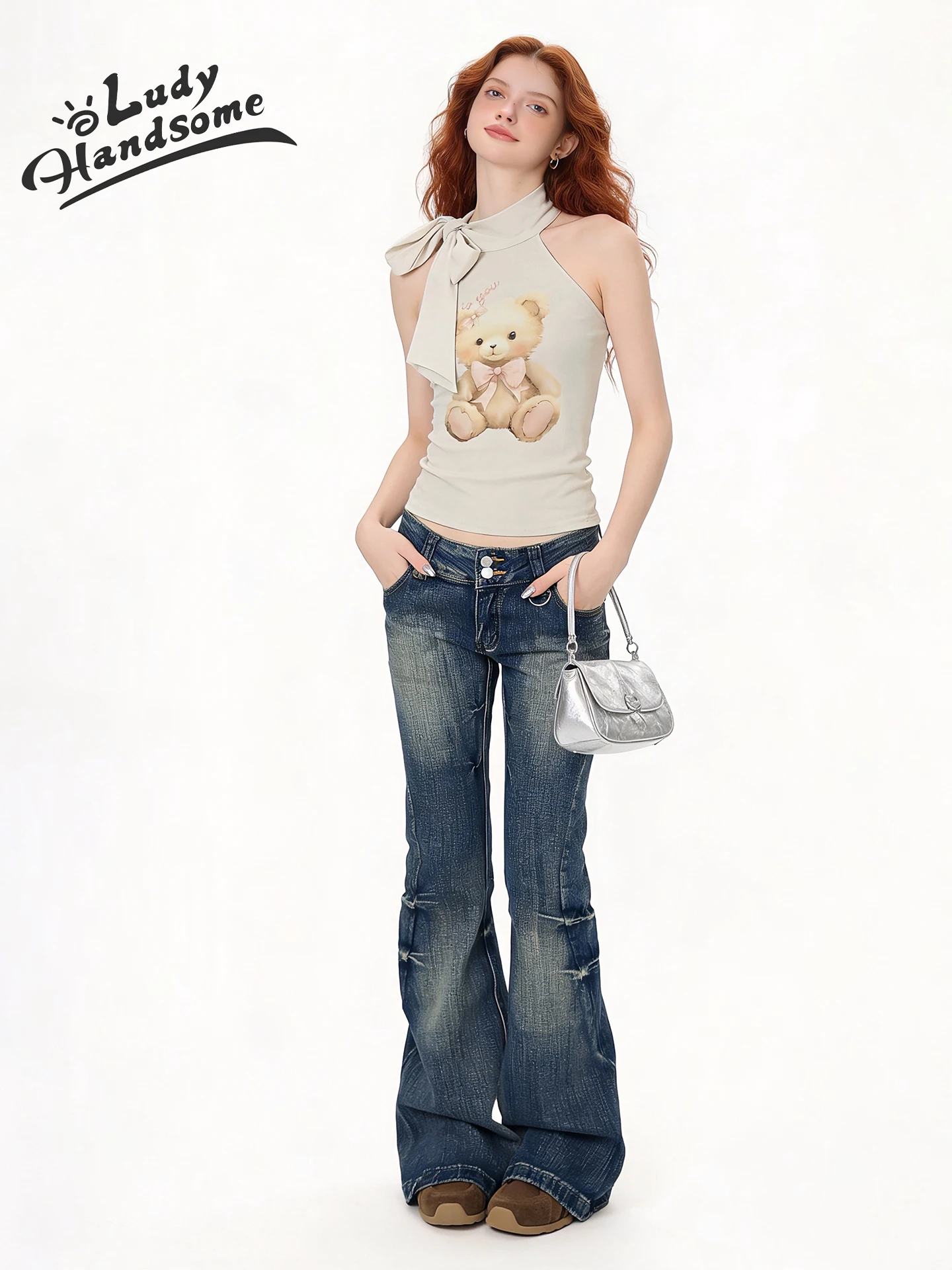 

Американский модный женский укороченный топ с принтом, завязками на талии и утягивающим эффектом, с рисунком медведя