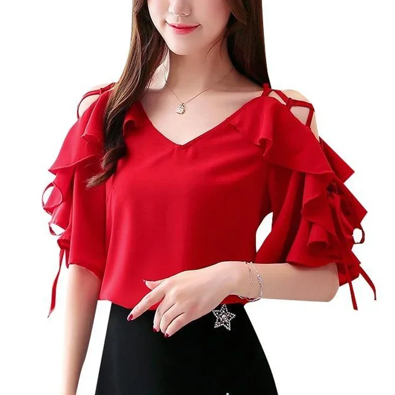 

Women Bandage Ruffles Short Sleeve Fashion Casual T-shirt Summer Female Clothing V-neck Red Off Shoulder Hollow Out Tops