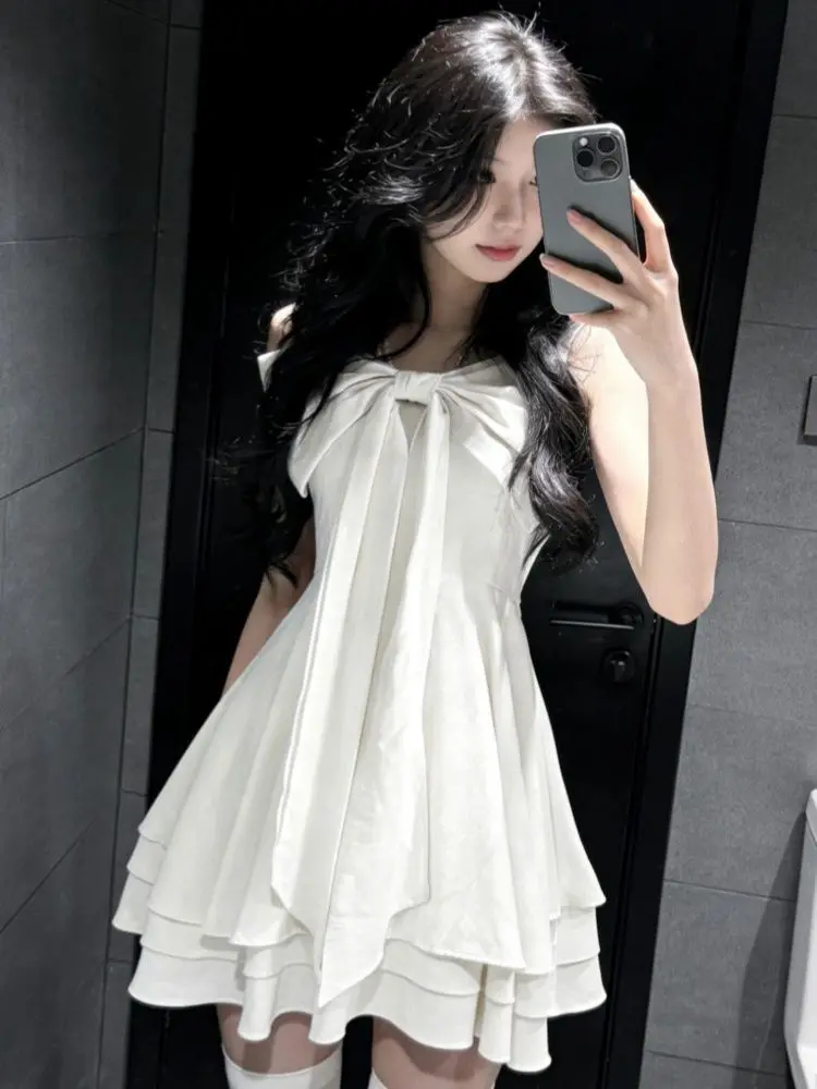 French Style Strap Dress Women Elegant Strap Bow Decorations Layered Ruffle Hem Fashion Cute Mini Dress Y2K Vintage Streetwear