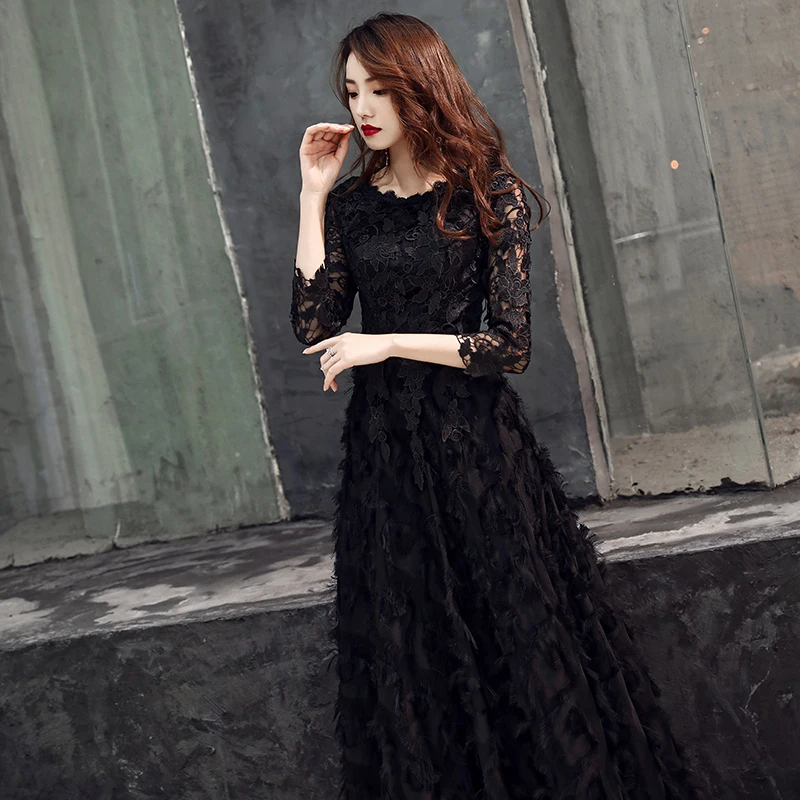 

Ele Long Sve Evening Gown Bla Floor Length Women's Host Ball Dr Slimming High Collar Zipper Princ Skirt