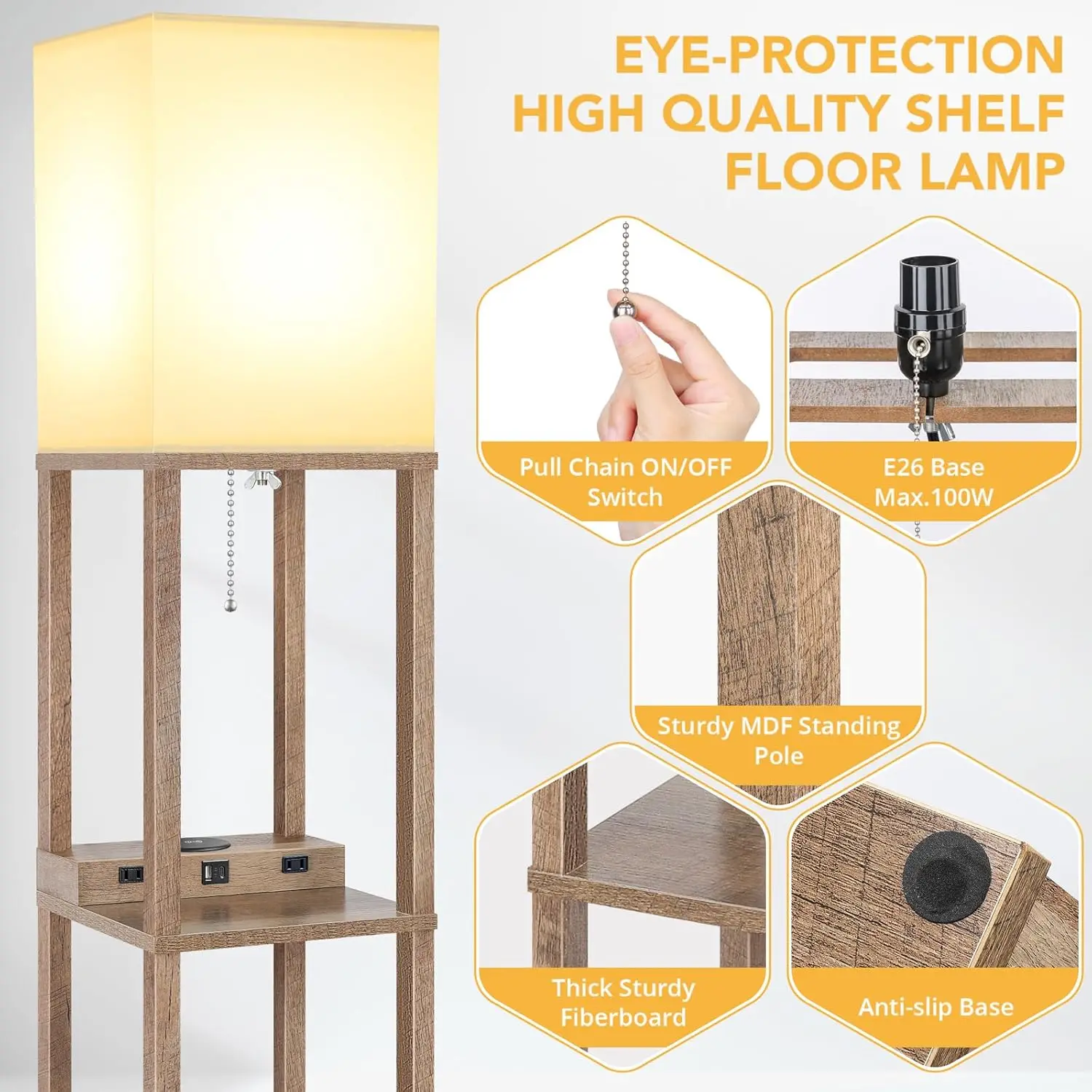 Lampada da Terra Moderna con Ripiano, Ricarica Wireless, Porte USB e Prese per lo Stoccaggio in Camera da Letto