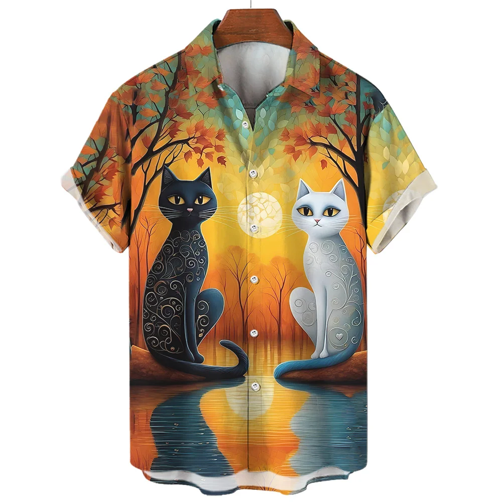 2025 Hawaiian Shirt Cat Print Abstract Pattern Short Sleeve Loose Oversized Men's and Women's Summer Beach Casual Top