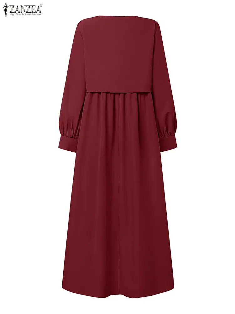 Women Fake Two-Pieces Loose Long Dresses Casual Chic V-Neck Long Sleeve Solid Color A-Line Maxi Dress ZANZEA Autumn 2025 Robes