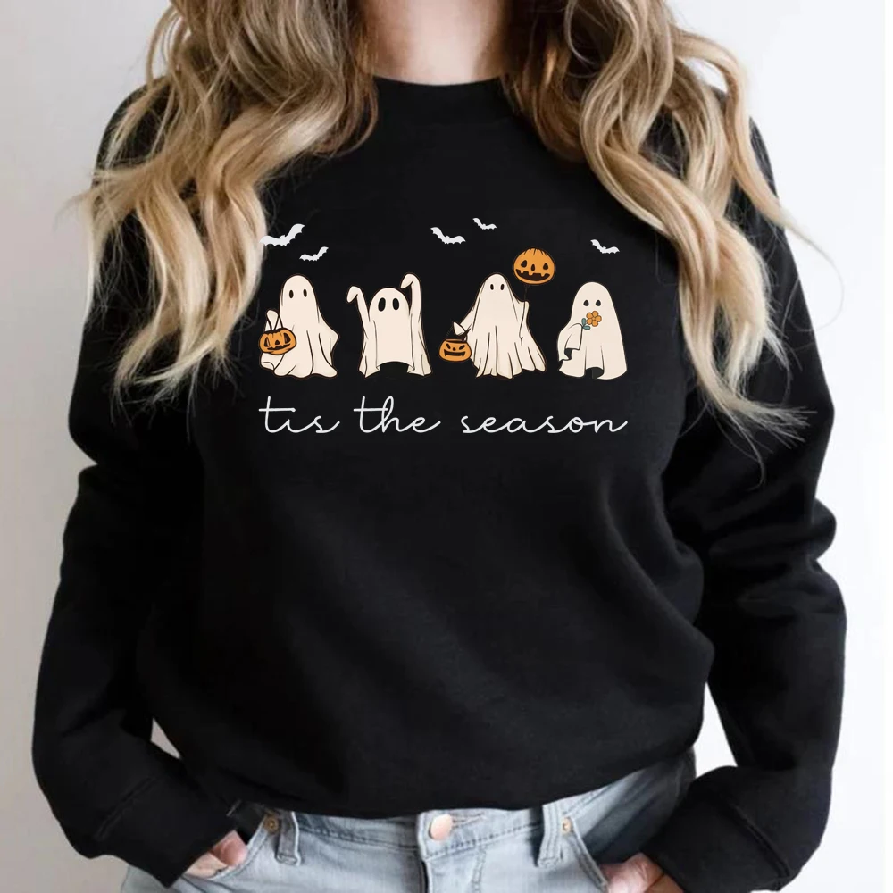 Tis The Season Halloween Sweatshirt Retro Ghost Hoodies Women's Halloween Sweatshirt Long Sleeve Pumpkin Season Pullovers Hoodie
