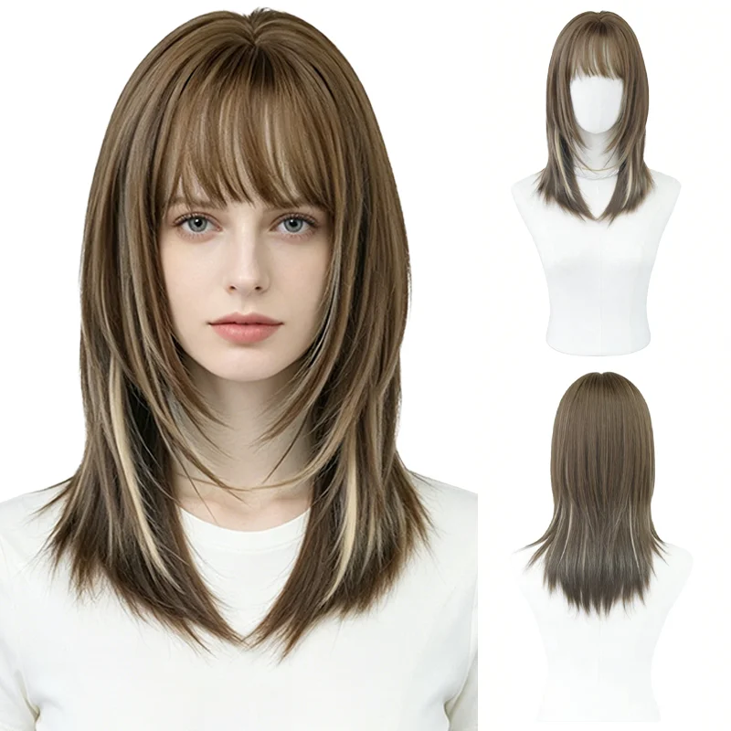 Ash Milk Tea Brown Highlight Wig Shoulder Length Layered Straight Wig with Air Bangs Synthetic Wig For Women Daily Party Cosplay