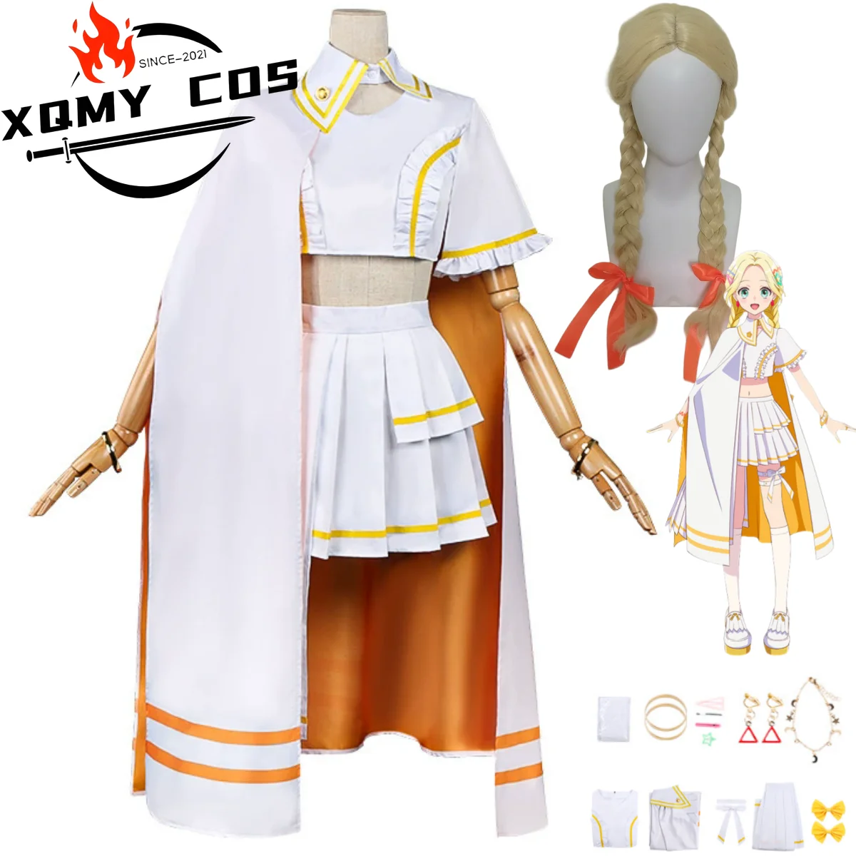 

XqAnime Maebashi Witches Mitsumata Choko Косплей Костюм Плащ Желтый Белый Юбка Лолиты Парик Женский Сексуальный Костюм Для Дня Рождения